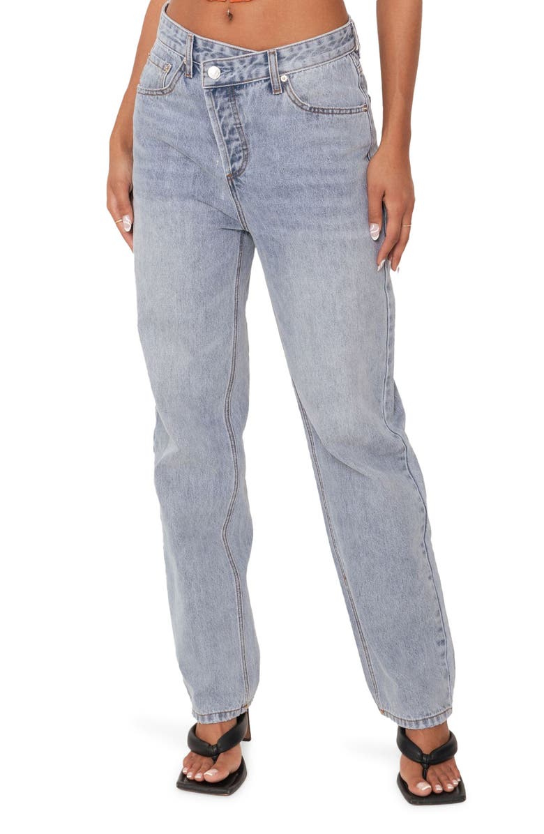 EDIKTED Crossover Boyfriend Jeans, Main, color, Light-Blue