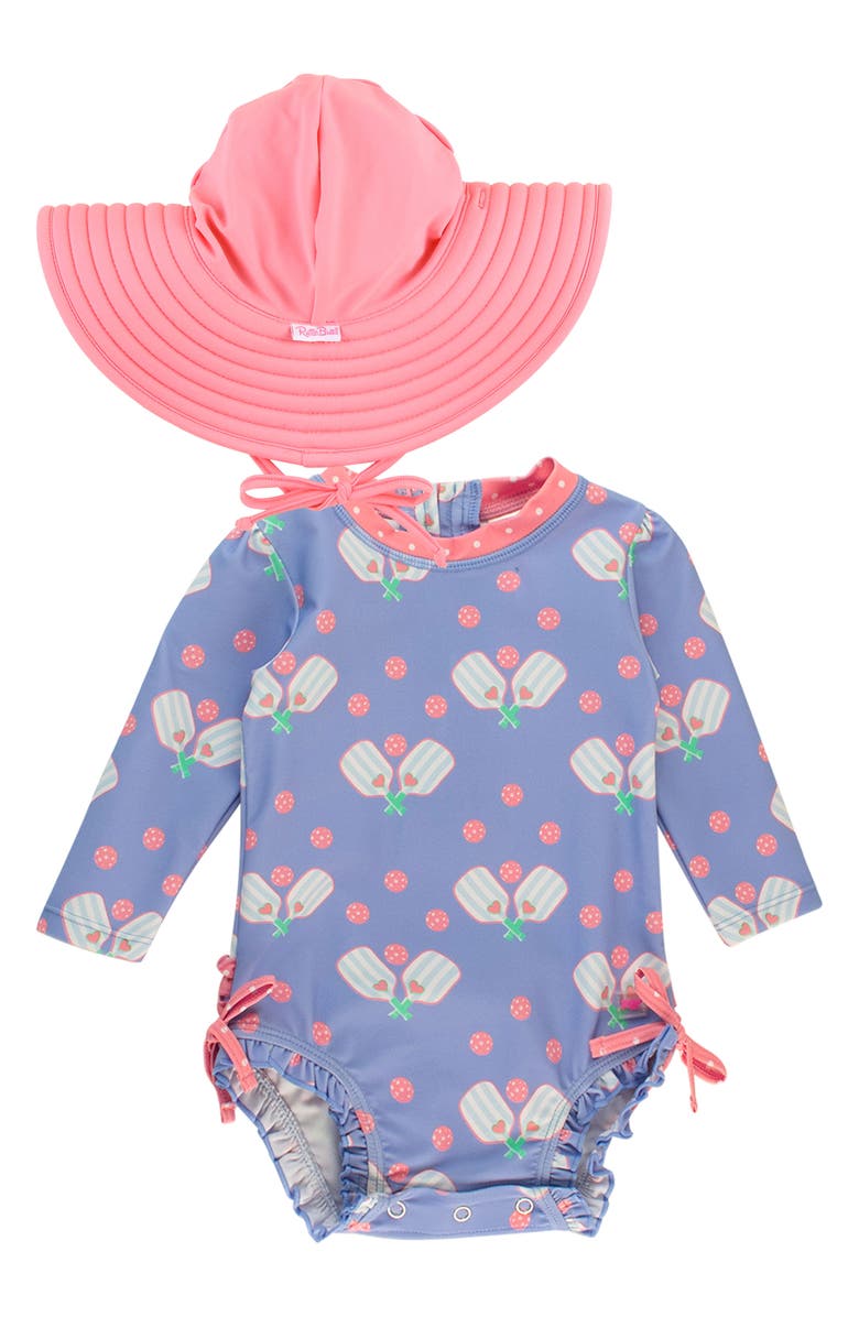 RuffleButts Pickleball Long Sleeve One-Piece Rashguard Swimsuit & Hat Set, Main, color,