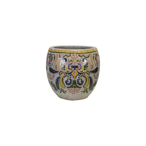 Large Terra-cotta Planter with Floral Pattern, Crackle Glaze, Multicolor