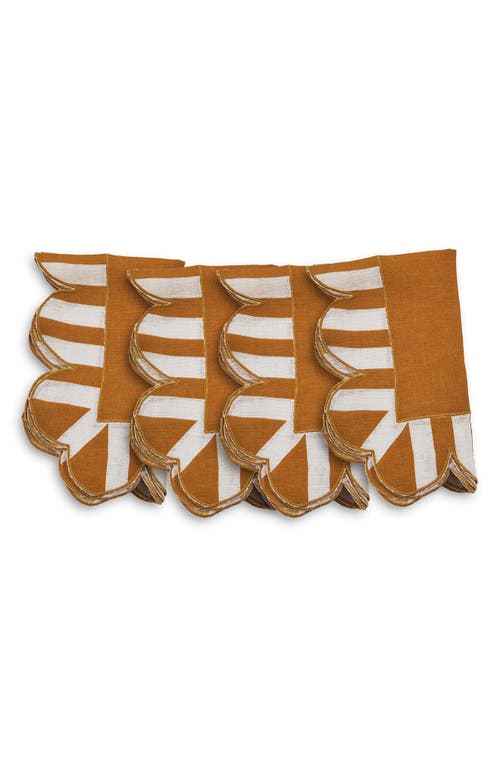 Misette Jardin Embroidered 4-piece Linen Scalloped Stripe Napkin Set In Dark Base Amber