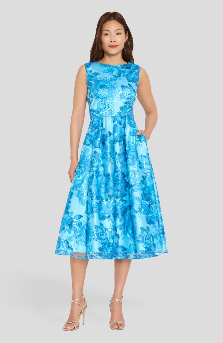 Tahari ASL Embroidered Sleeveless Fit & Flare Midi Dress, Alternate, color, Blue Jewel
