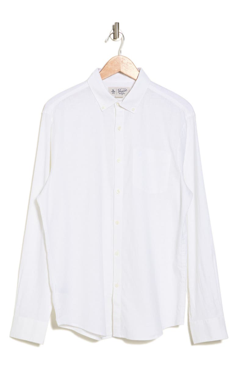 Original Penguin Linen Blend Woven Solid Button-Down Shirt, Alternate, color, Bright White