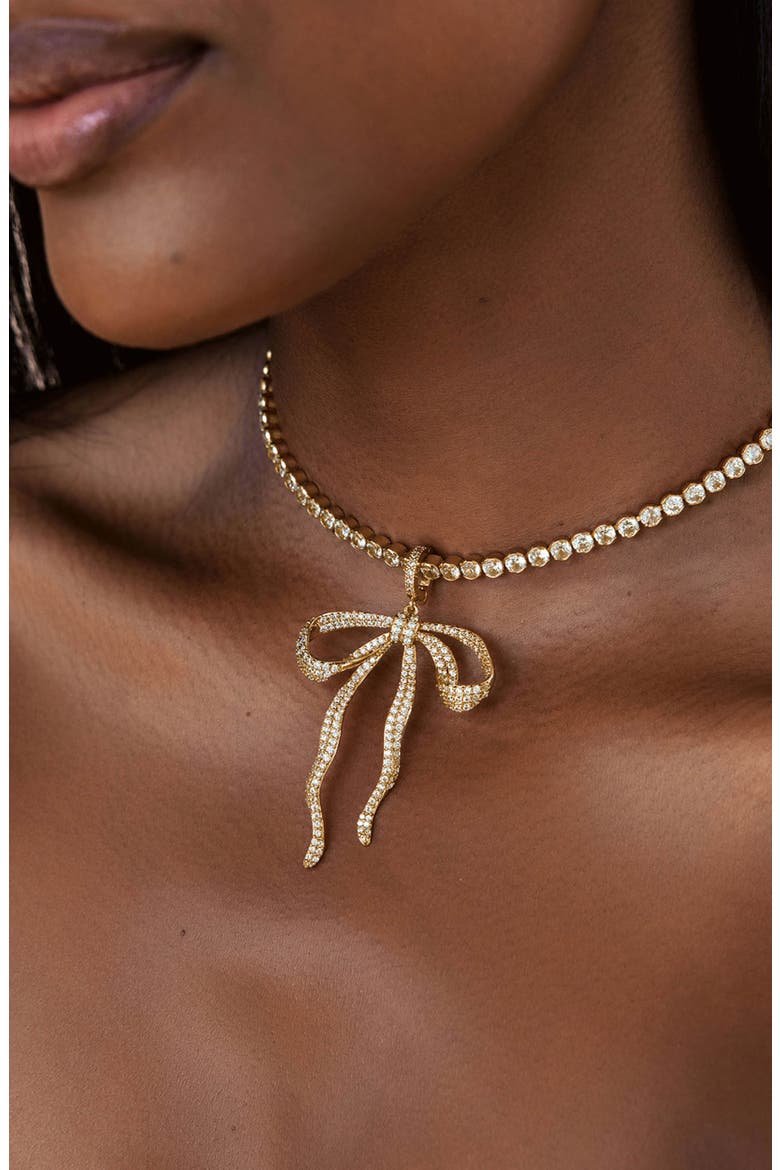 Pavé Bow Tennis Necklace, Alternate, color, GOLD