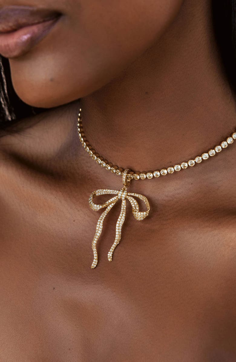 Ettika Pavé Bow Tennis Necklace, Alternate, color, Gold