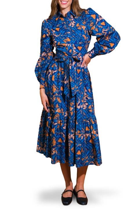 Print Long Sleeve Cotton Midi Shirtdress