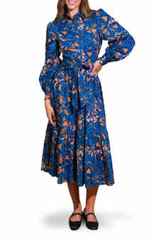 FLYING TOMATO Print Long Sleeve Cotton Midi Shirtdress