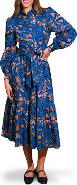 FLYING TOMATO Print Long Sleeve Cotton Midi Shirtdress