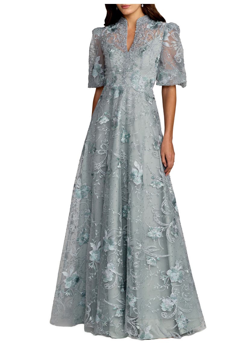 Mac Duggal Queen Anne Puff Sleeve A-Line Gown, Main, color, French Blue