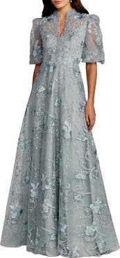 Mac Duggal Queen Anne Puff Sleeve A-Line Gown