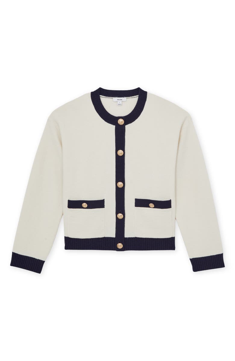 Reiss Olive Crewneck Wool & Cashmere Cardigan, Alternate, color, Cream/ Navy