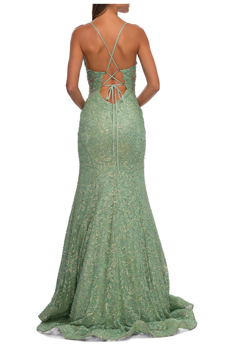 La Femme Mermaid Beaded Lace Prom Dress with Illusion Sides, Alternate, color, Sage