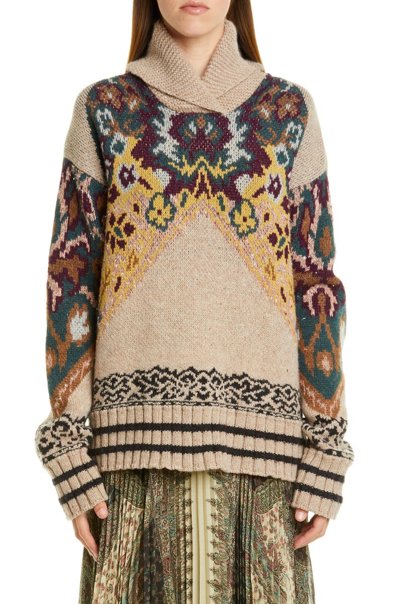 Etro Shawl Collar Intarsia Sweater, Main, color, 