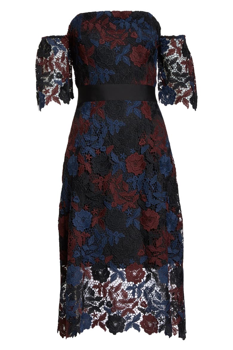 Three-Tone Off the Shoulder Lace Midi Dress, Alternate, color, BLACK MULTI