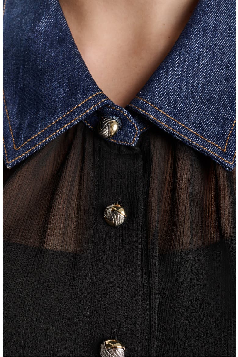 Crinkle Chiffon Shirt with Denim Trim, Alternate, color, BLACK