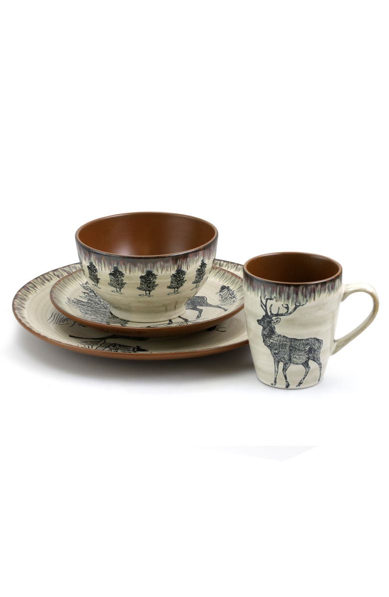 Elama Majestic Elk 16 Piece Luxurious Stoneware Dinnerware with Complete Setting for 4, Alternate, color, Beige