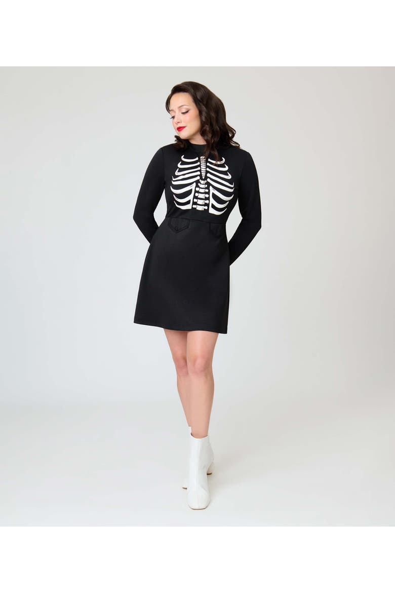 1960s Mock Turtleneck Fit & Flare Dress, Alternate, color, Black w/ Skeleton Print