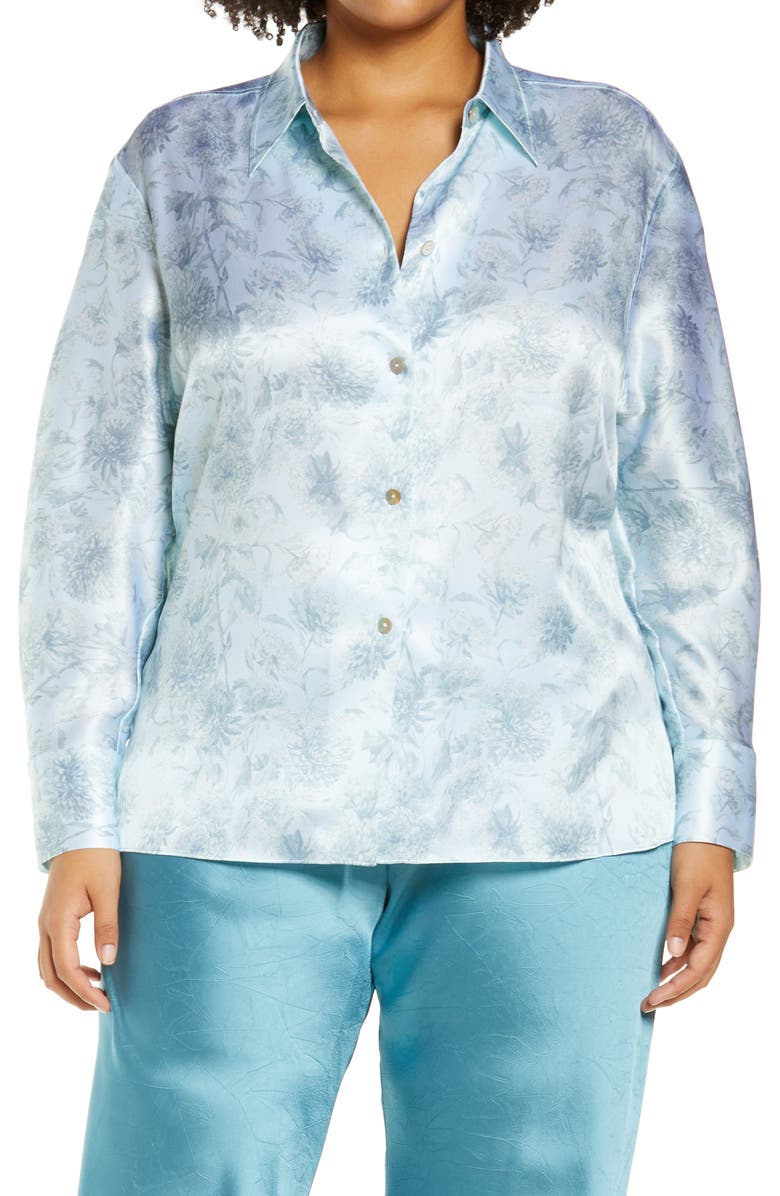 Vince Dahlia Floral Print Silk Shirt, Main, color, Mint