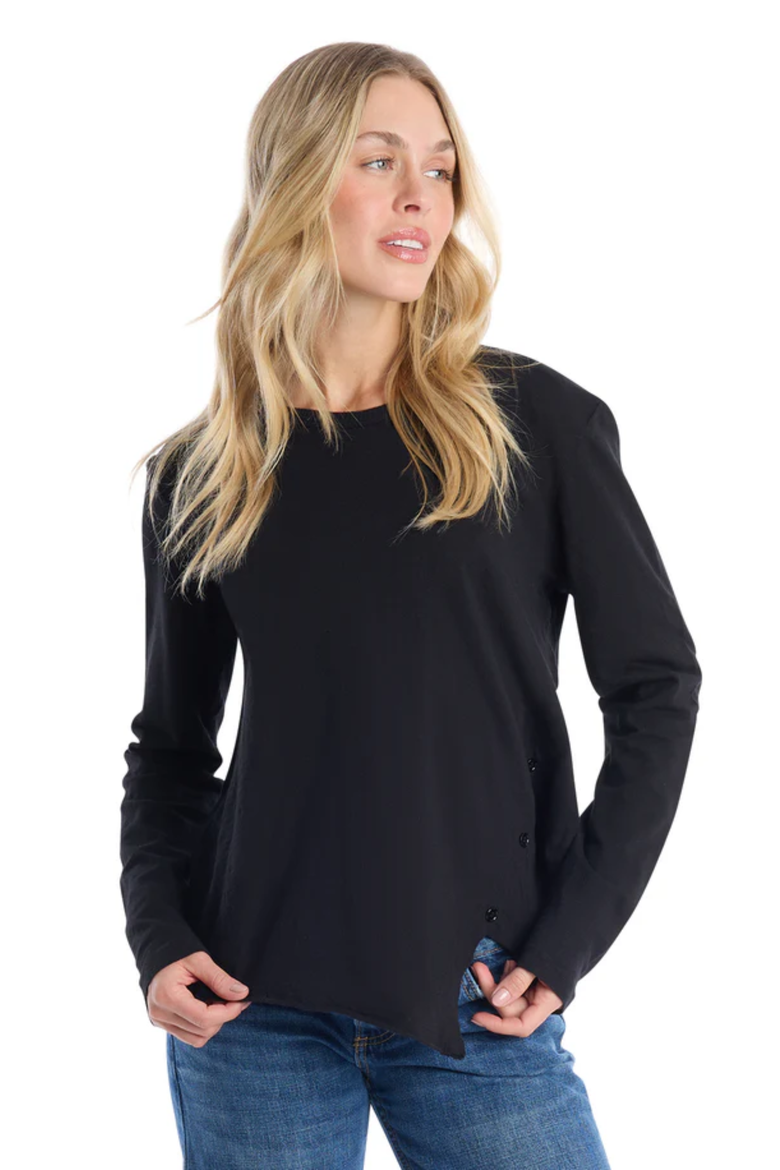 Long Sleeve Tee With Asymmetrical Hem & Button Detail, Alternate, color, Black
