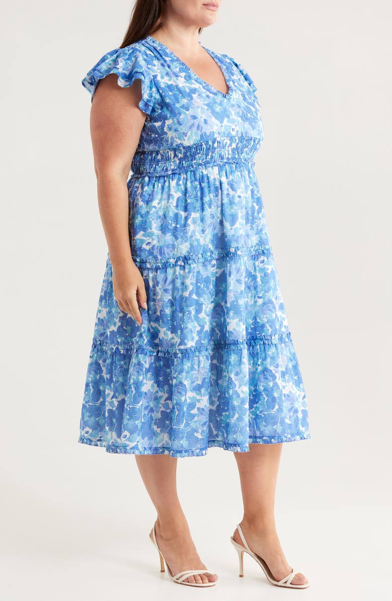Chelsea28 Flutter Sleeve Clip Dot Tiered Midi Dress, Alternate, color, Blue- Tiana Floral