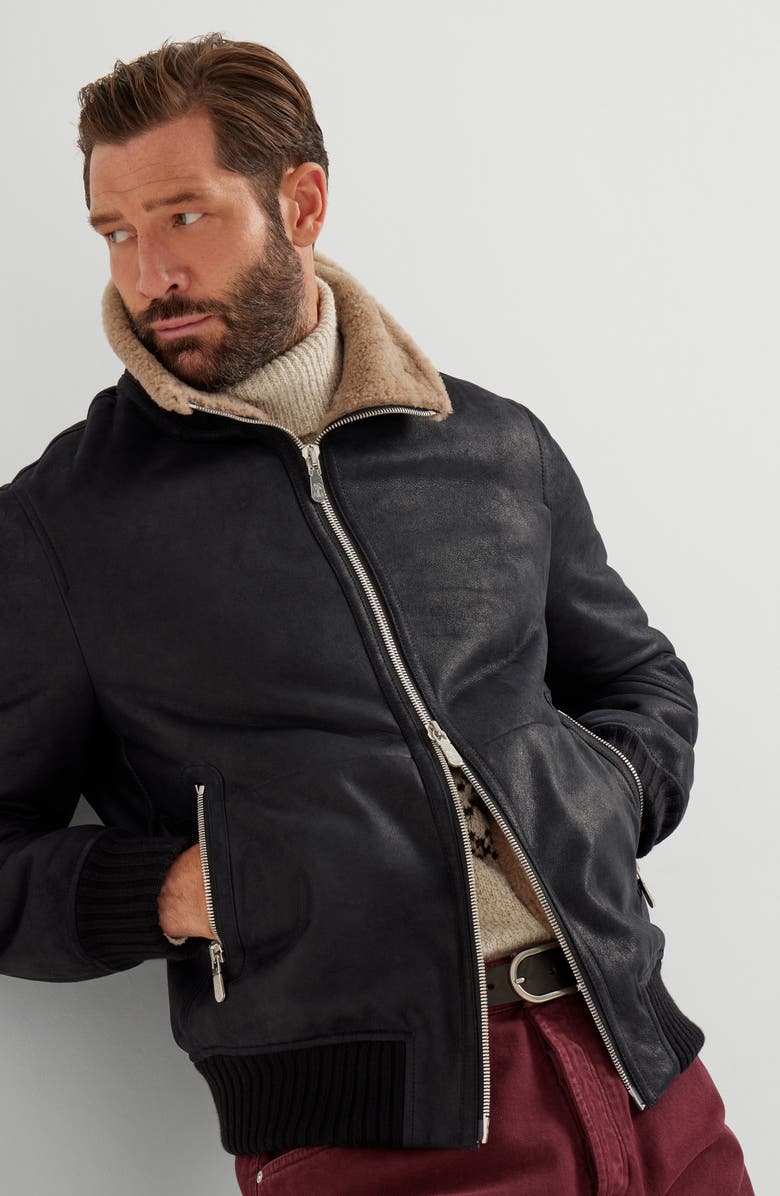 Brunello Cucinelli Nubuck shearling bomber jacket, Alternate, color, Black