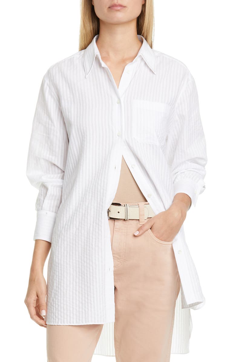 Brunello Cucinelli Seersucker Stripe High/Low Cotton Shirt, Main, color,