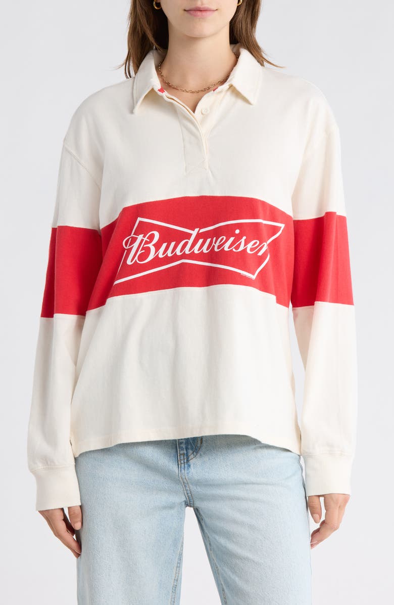 Junk Food Budweiser Logo Long Sleeve Cotton Shirt, Main, color, White/ Red