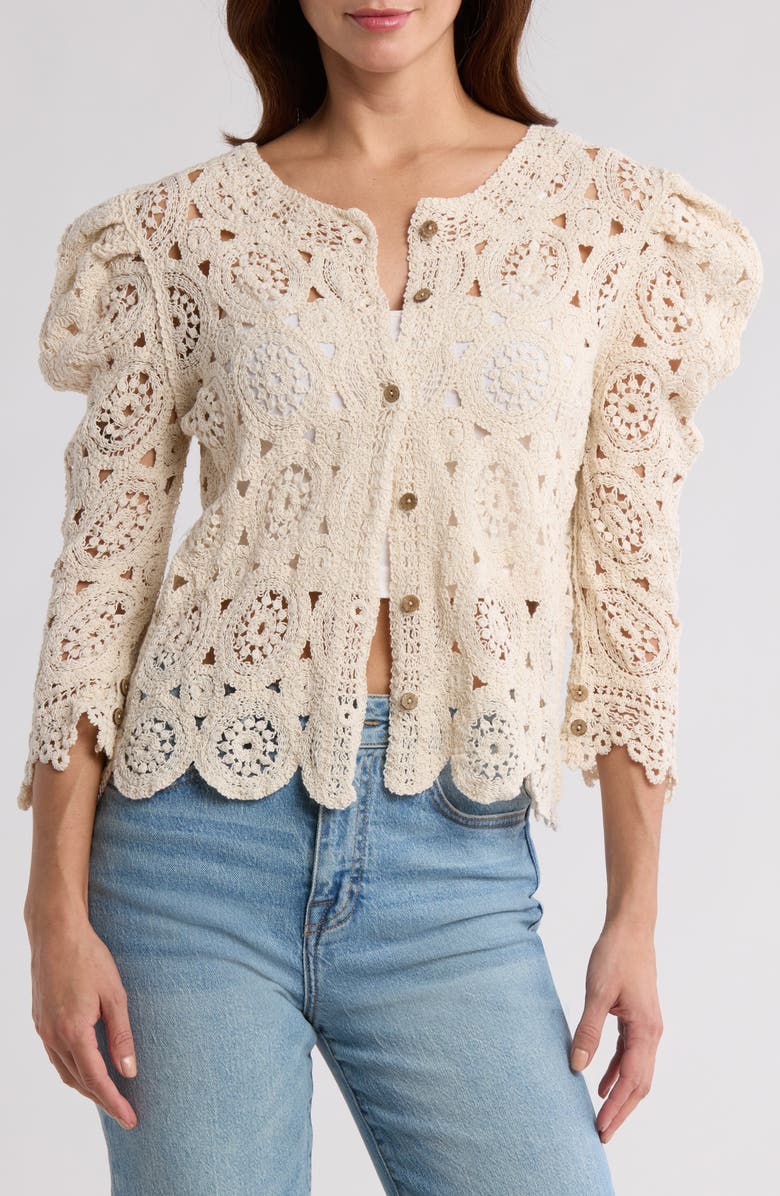 Forgotten Grace Crochet Button Front Cardigan, Main, color, Natural