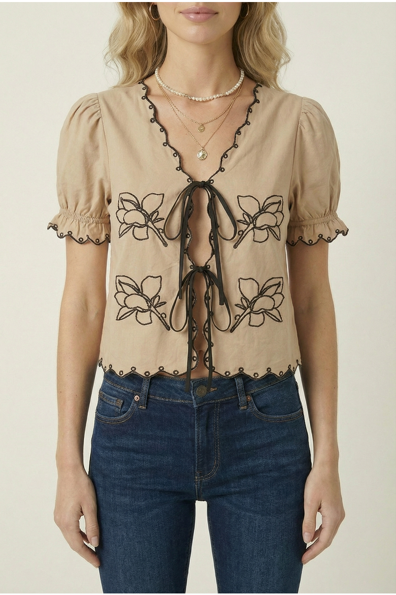 Puff Sleeve Embroidered Front Tie Blouse, Alternate, color, Beige