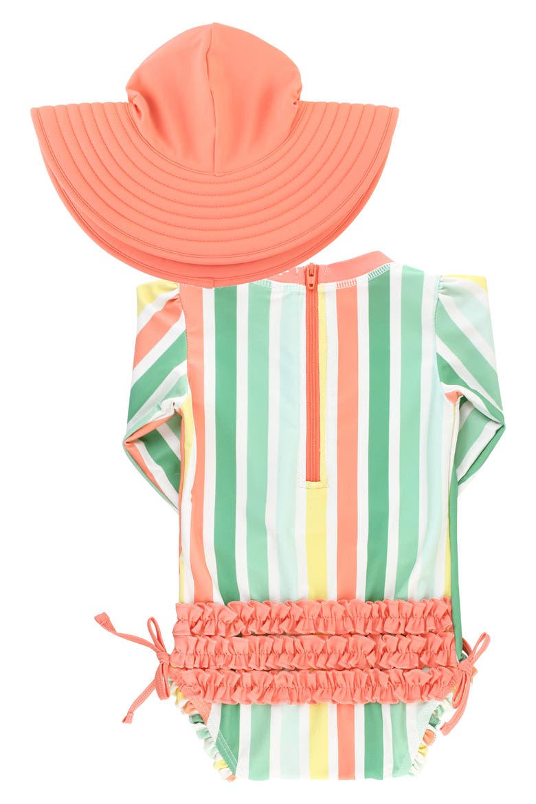 Saltwater Stripe One-Piece Rashguard Swimsuit & Hat Set, Alternate, color, ORANGE