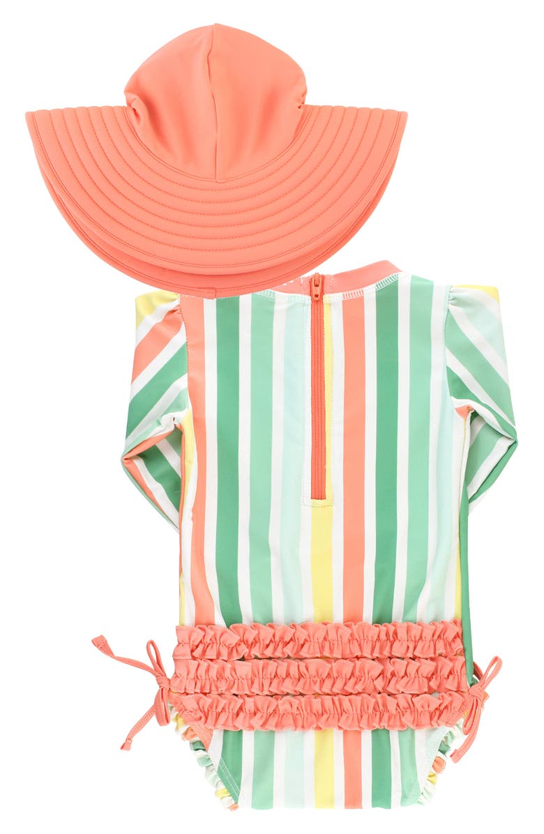 RuffleButts Saltwater Stripe One-Piece Rashguard Swimsuit & Hat Set, Alternate, color,