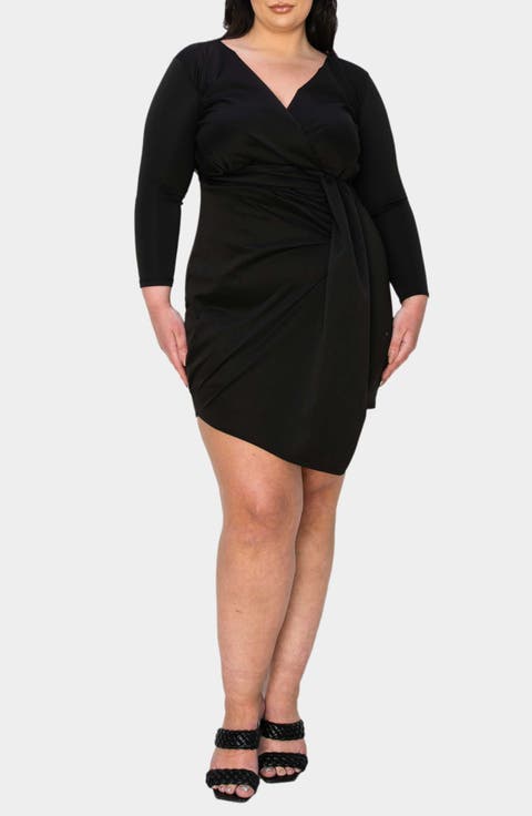 Raven Bracelet Sleeve Faux Wrap Body-Con Dress (Plus)