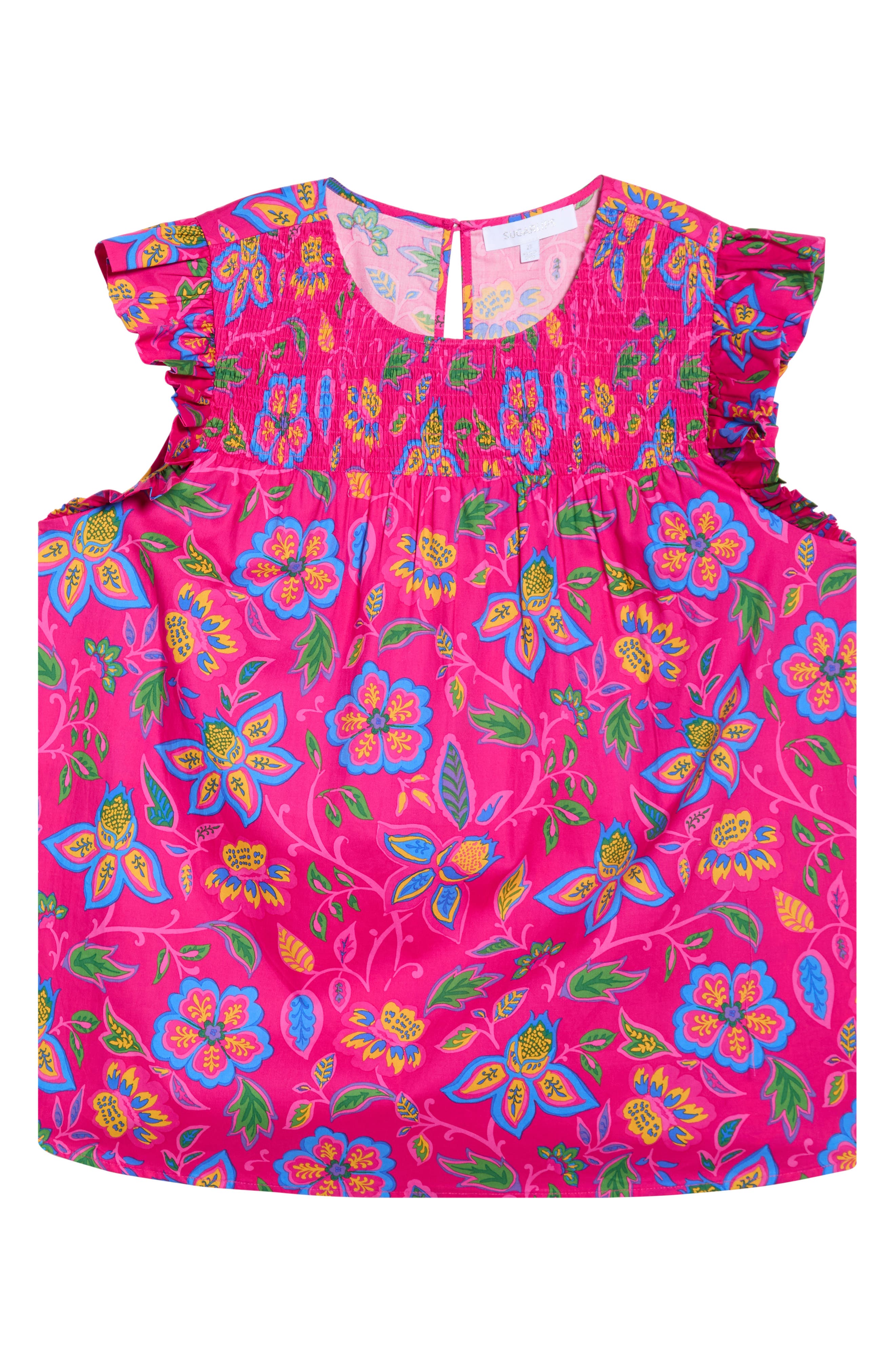 SUGARLIPS Signy Floral Print Ruffle Top in Magenta-Mult 
