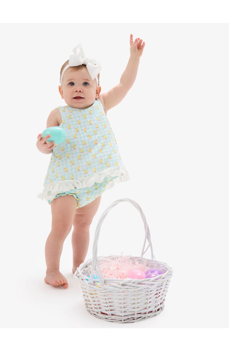 RuffleButts Cotton Gauze Swing Top and Bloomer Set, Alternate, color, Chirping Chicks Gingham