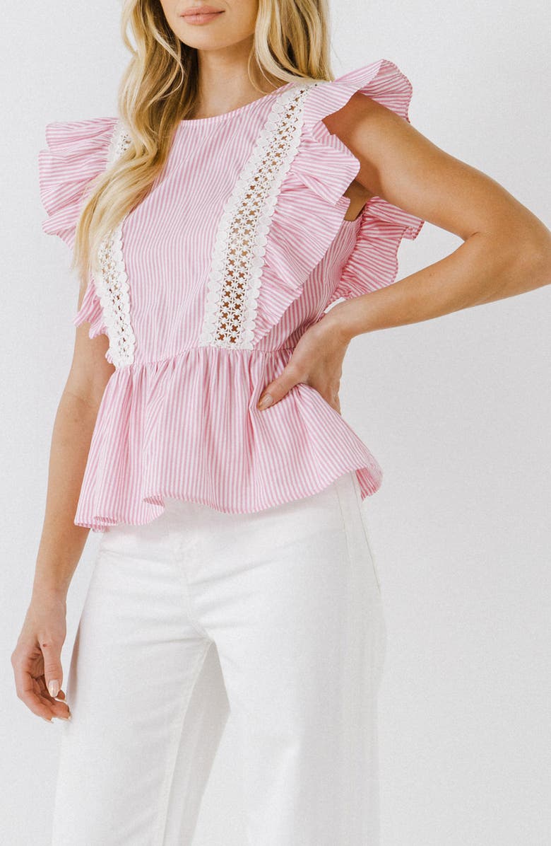 English Factory Stripe Ruffle Sleeveless Cotton Blouse, Alternate, color, Pink White Stripe