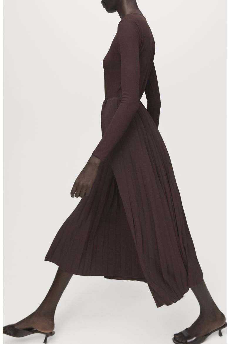 Long Sleeve Pleated Midi Dress, Alternate, color, CHOCOLATE