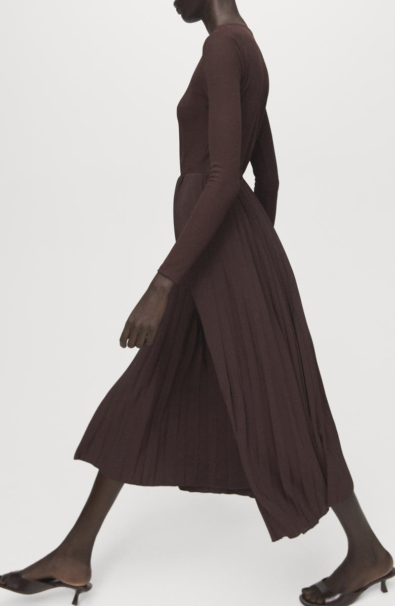 MANGO Long Sleeve Pleated Midi Dress, Alternate, color, Chocolate