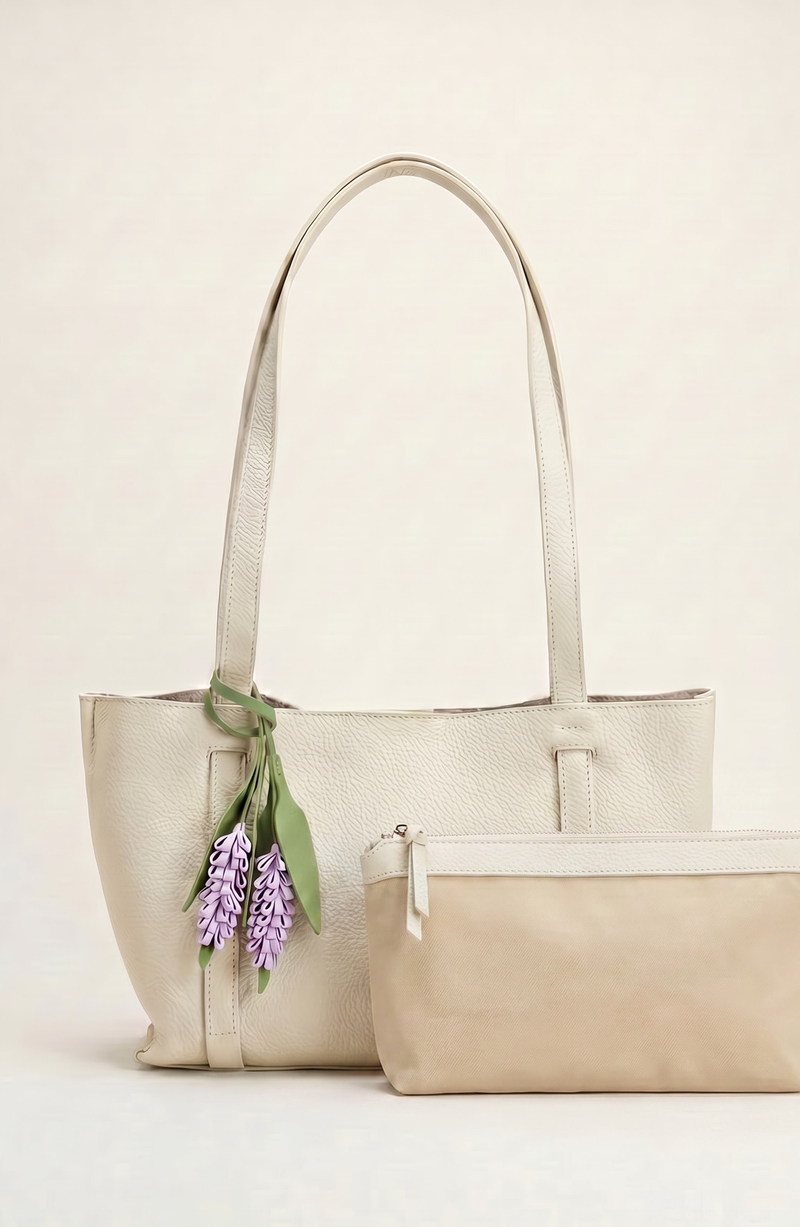 Pebbled Leather Tote Bag with Removable Pouch and Charm, Alternate, color, Cream