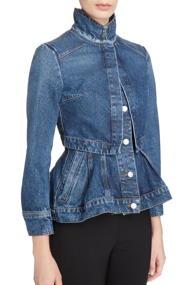 McQueen Alexander McQueen Peplum Denim Jacket, Alternate, color, 