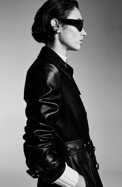 Mango Double Breasted Belted Faux Leather Trench Coat In Black