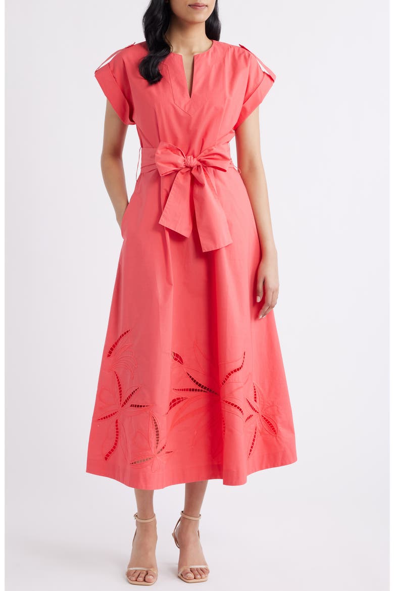 Ladder Stitch Embroidered Tie Belt Cotton Poplin Midi Dress, Main, color, CORAL