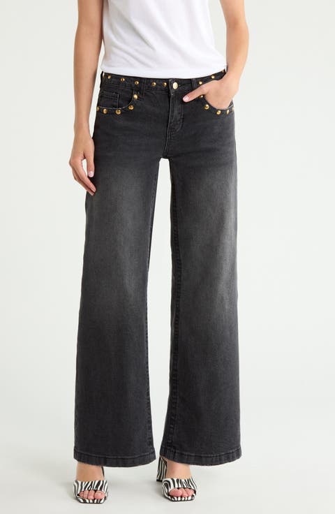 Frida Star Studded Low Rise Wide Leg Jeans