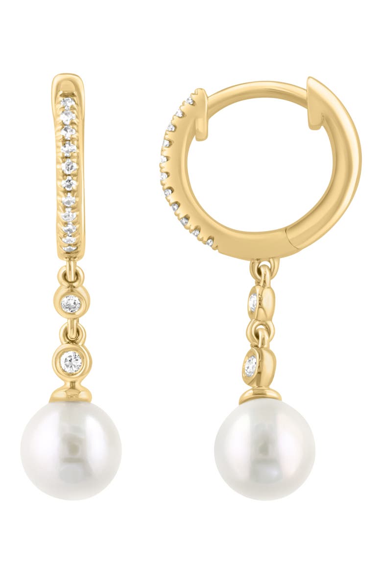 Diamond & Freshwater Pearl Drop Huggie Hoop Earrings, Main, color, WHITE