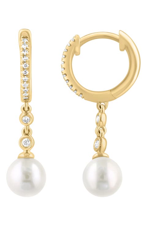 Diamond & Freshwater Pearl Drop Huggie Hoop Earrings