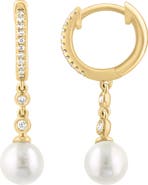 EFFY Diamond & Freshwater Pearl Drop Huggie Hoop Earrings