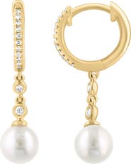 EFFY Diamond & Freshwater Pearl Drop Huggie Hoop Earrings