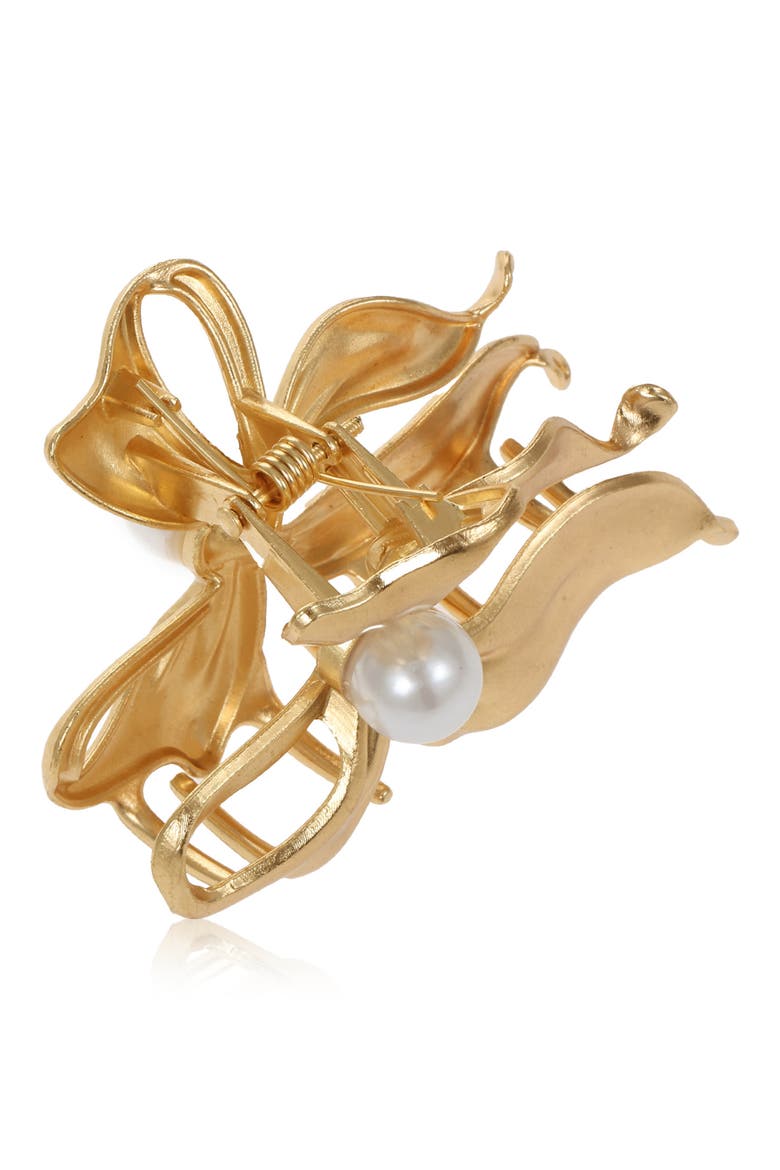 Faux Pearl Bow Claw Clip, Alternate, color, GOLD
