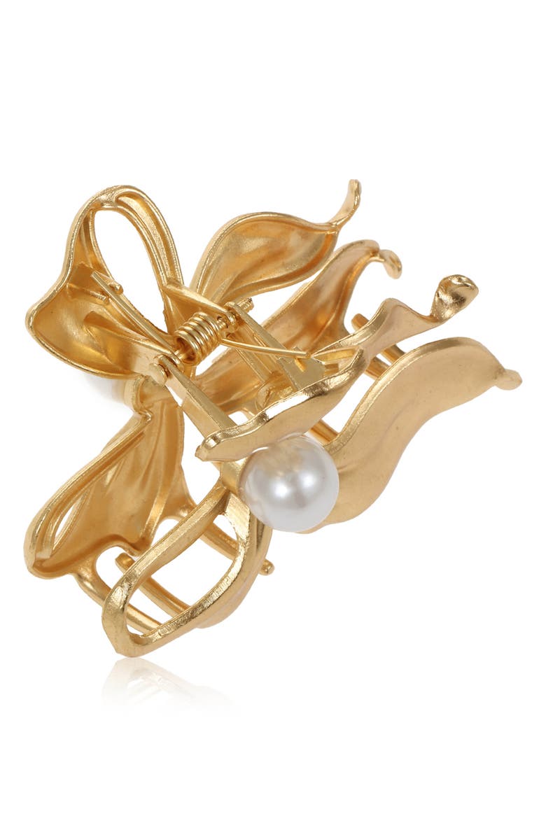 Ettika Faux Pearl Bow Claw Clip, Alternate, color, Gold