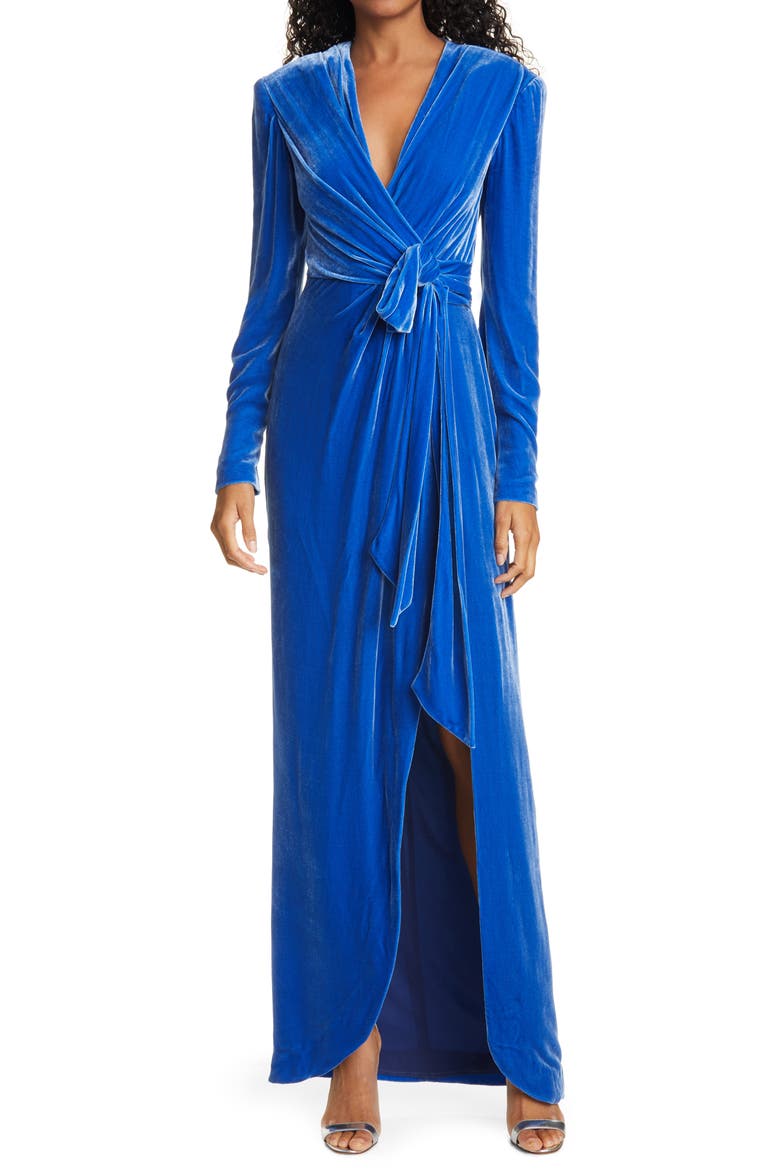 Kiley Wrap Front Long Sleeve Velvet Gown, Main, color, DEEP ULTRAMARINE