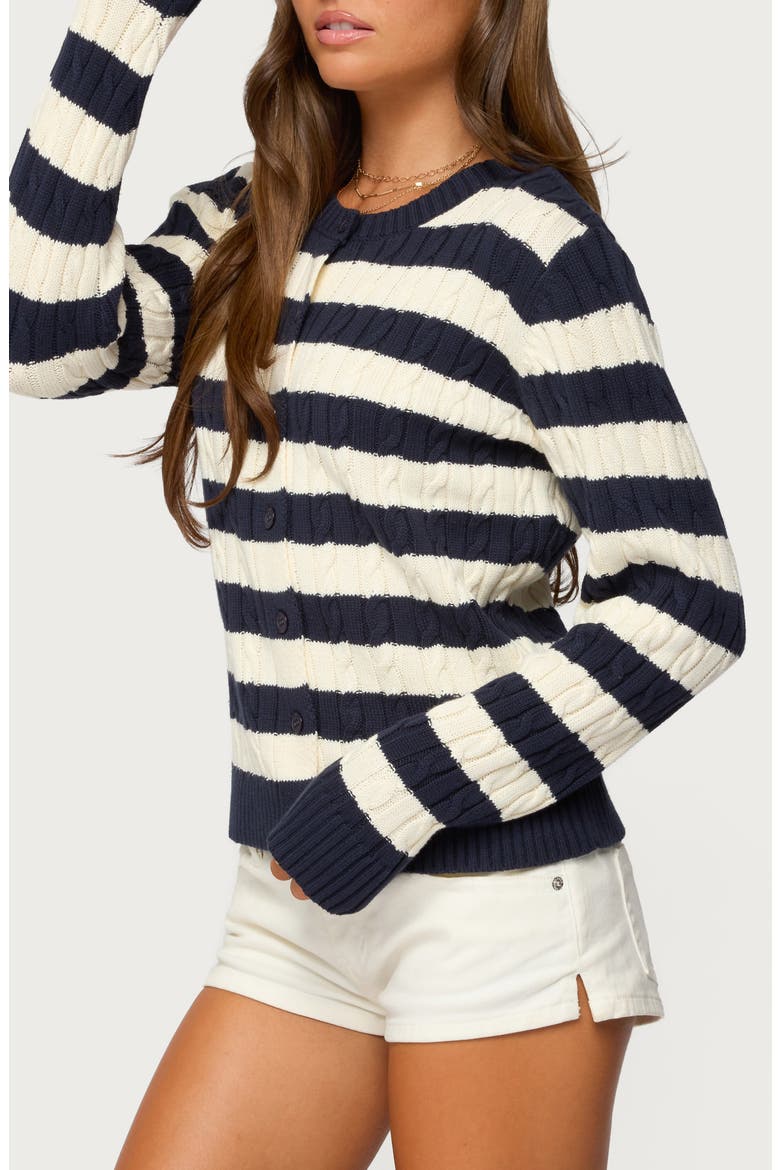 Mildred Stripe Cable Stitch Cotton Cardigan, Alternate, color, NAVY-AND-CREAM