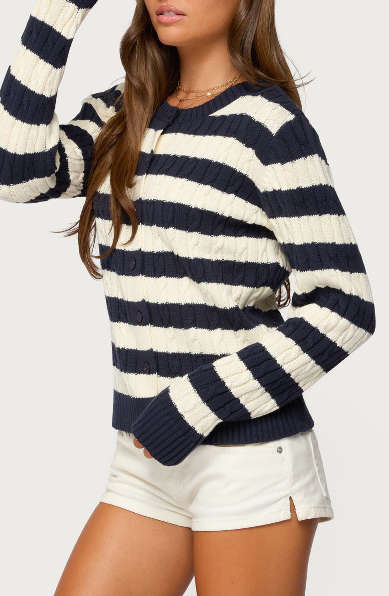 EDIKTED Mildred Stripe Cable Stitch Cotton Cardigan, Alternate, color, Navy-And-Cream